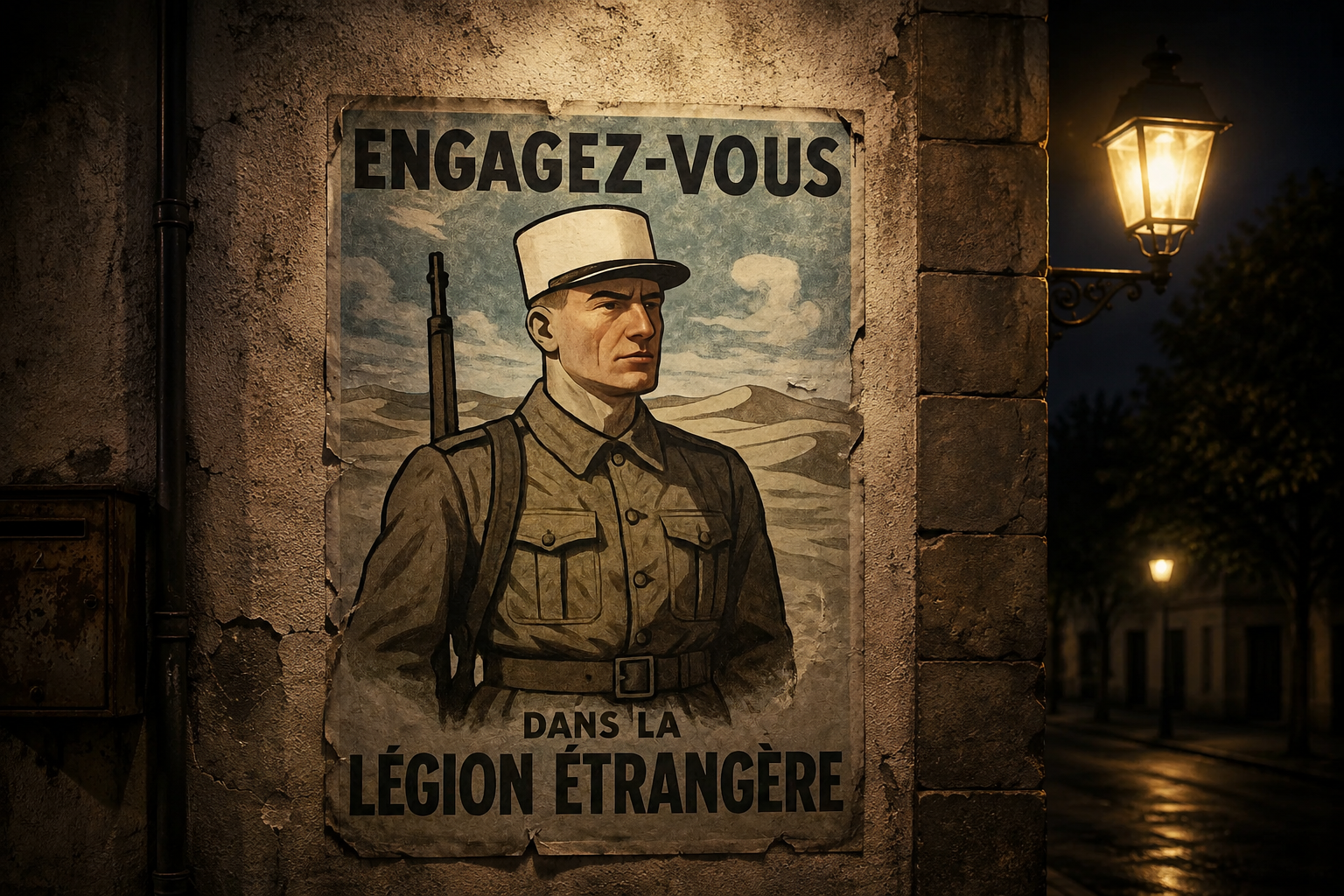Affiche historique Engagez-vous dans la Légion étrangère sur un mur éclairé