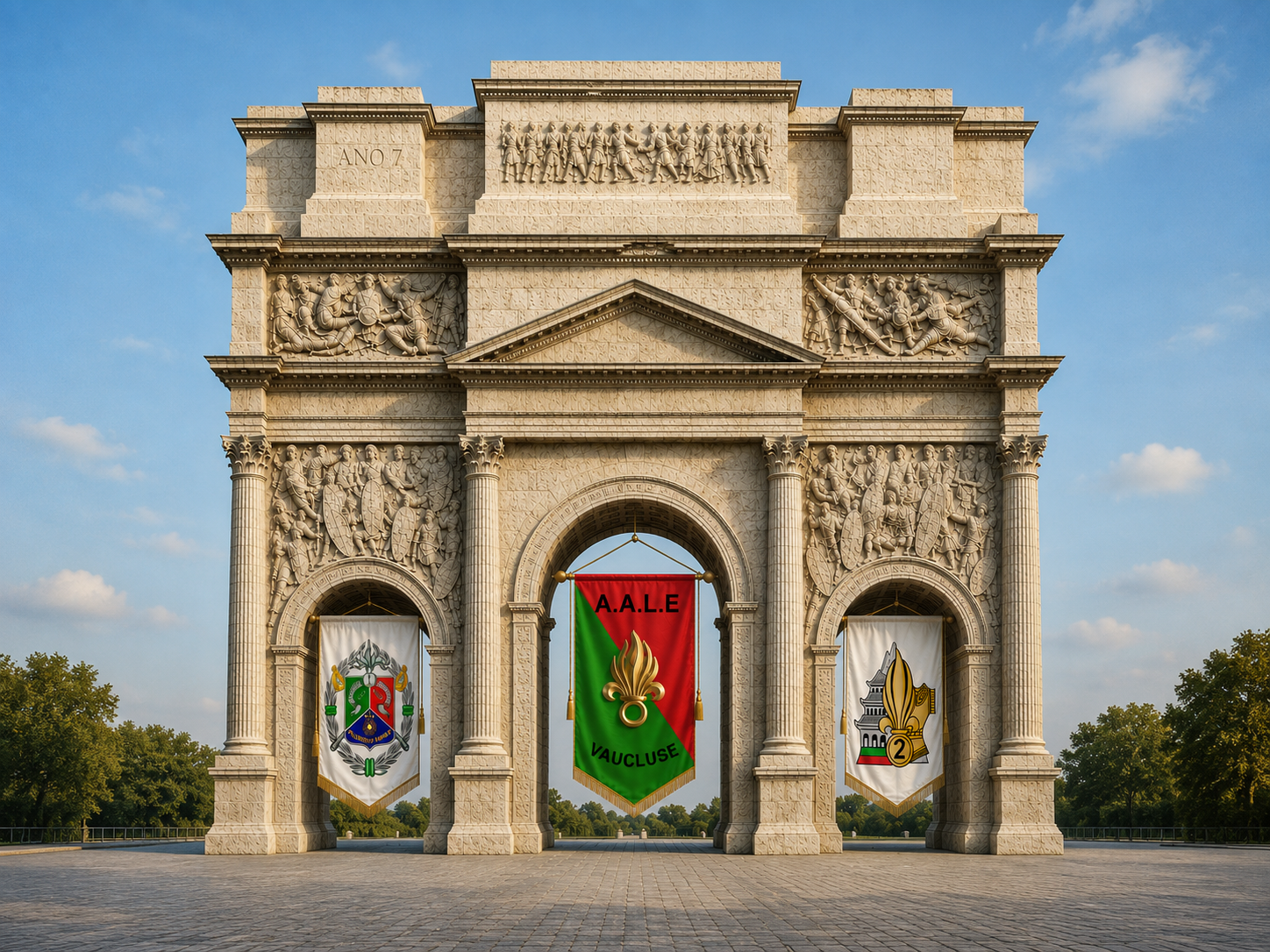 Arche monumentale portant les emblèmes de l’AALEV du Vaucluse, du 1er REC et du 2e REG