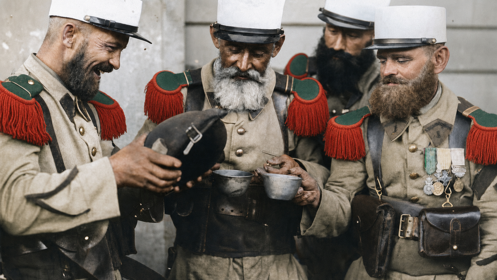 Anciens légionnaires en tenue historique partageant un moment de fraternité